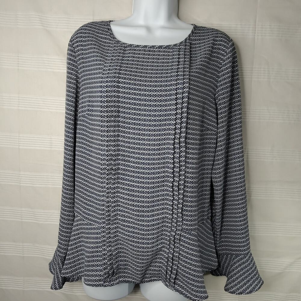 Banana Republic Factory Peplum Bell Sleeve Blouse Blue and White Chevron Medium